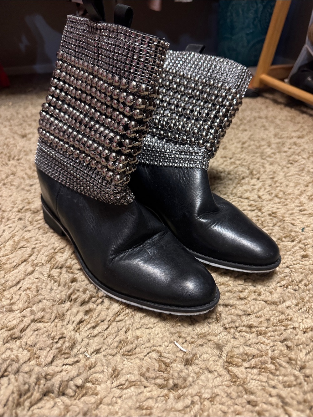 Women’s Schutz Black Embellished Ankle Boots with Silver Studded Cuff Size 6/37